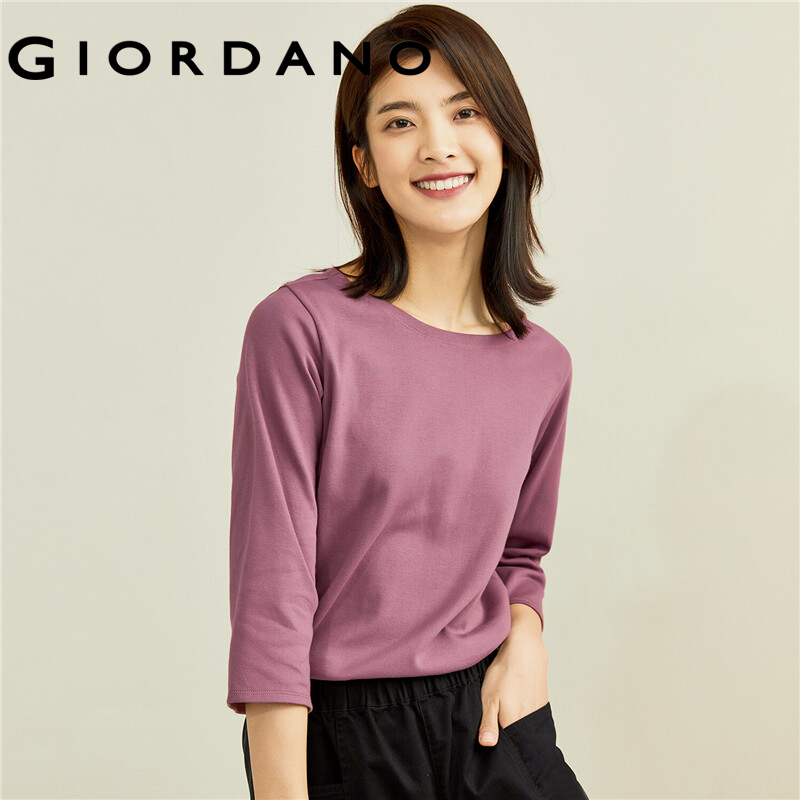 GIORDANO Women T-Shirts Interlock Coat Neck Casual T-Shirts 3/4 Sleeve Simple Basic Solid Color Stripe Design T-Shirts 05322629