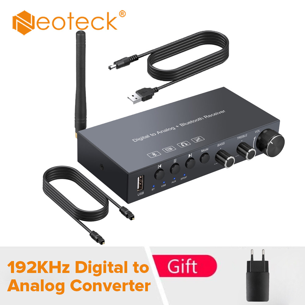 Neoteck 192KHz Digital to Analog Converter Headphone Amplifier Built-in Bluetooth V5.0 Receiver DAC with USB Volume Treble & Bass Control Digital SPDIF Toslink AUX to Analog L/R 3.5mm Jack Audio Adapt