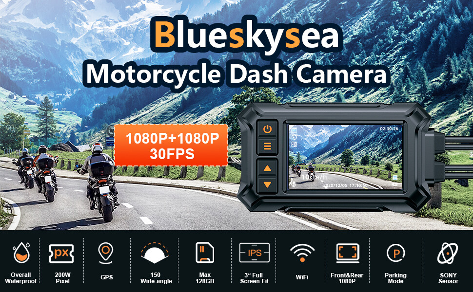 【Optional Freebies】Blueskysea A12 Motorcycle WIFI Camera Driver Recorder, 1080P Dual Lens Motorbike Dash Cam Waterproof with Built-in GPS, Remote, Loop Recording